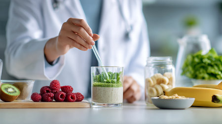 Close-up of a female nutritionist preparing healthy smoothie.の素材
