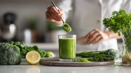 Close-up of woman's hands holding spoon and pouring green smoothie in glass with ingredientsの素材