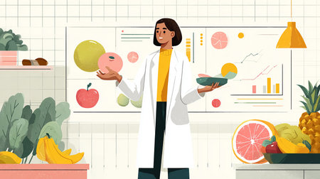 Vector illustration of a nutritionist in a white coat holding a plate of fruit.の素材