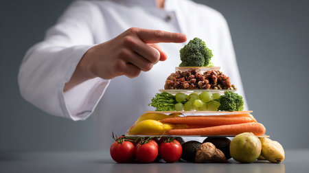 Chef putting a piece of cake on a pile of fresh vegetablesの素材