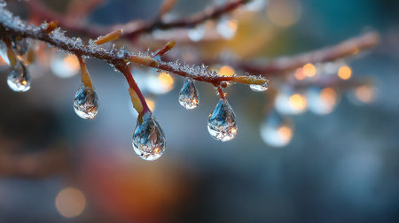 Frozen water drops on the branch of a tree in winter.の素材