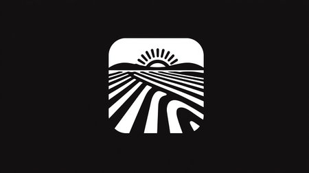 black and white sun logo design on black background with striped lines illustrationの素材