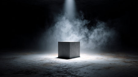 Concrete podium in dark room with smoke. 3D rendering.の素材