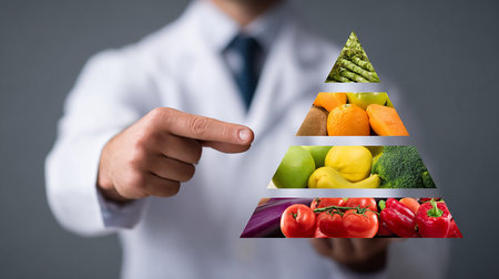 Nutritionist in white coat holding a virtual pyramid of fruits and vegetablesの素材