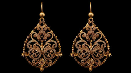 Gold earrings on a black background. Jewelry and accessories.の素材