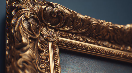 Luxury golden picture frame on blue wall. Close-up.の素材