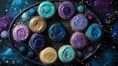 Cupcakes with blue, purple and yellow frosting on a dark backgroundの素材