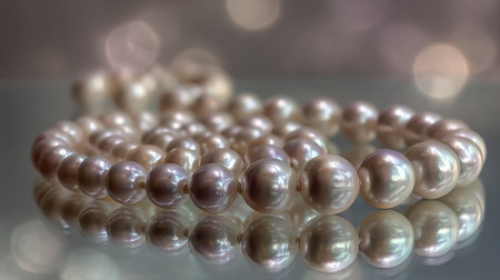 Pearl necklace on a reflective surface. Bokeh background.の素材
