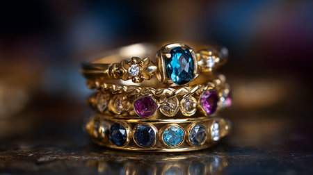 Wedding rings with precious stones on a dark background close upの素材