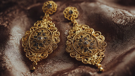 Beautiful gold earrings on a brown background. Selective focus.の素材