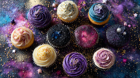 Cupcakes with colorful buttercream frosting and sprinkles on black backgroundの素材