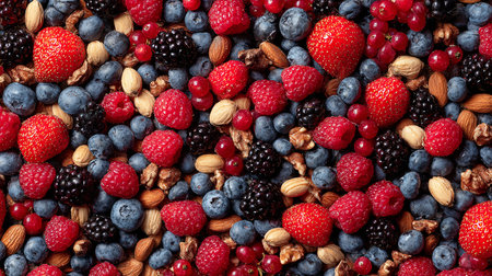 Healthy food background. Berries and nuts. Top view.の素材