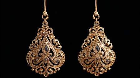Gold earrings with precious stones on a black background close-upの素材