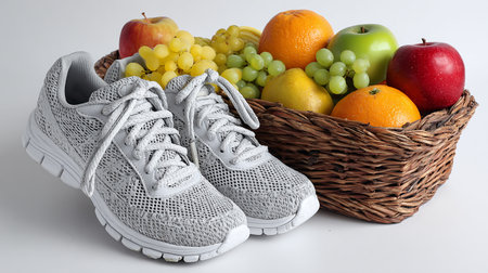 Fruit basket with sneakers and basket of fresh fruits on white backgroundの素材