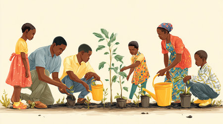 African family planting a tree in the garden. Vector illustration in retro style.の素材
