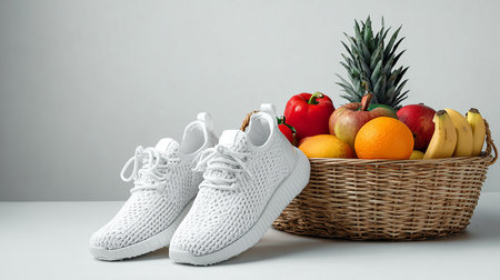 Fruit basket with white sneakers and fresh fruits. Healthy lifestyle concept.の素材