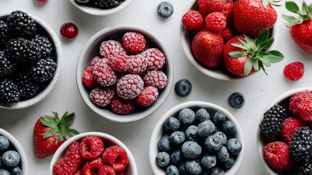 Top view of different types of berries in bowls over white background.の素材