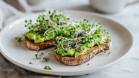 Avocado toast with microgreen sprouts on white marble background.の素材