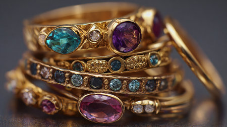 Jewelry ring with precious stones, close-up macro photoの素材