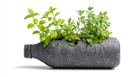 Oregano plant growing in a clay pot isolated on white backgroundの素材