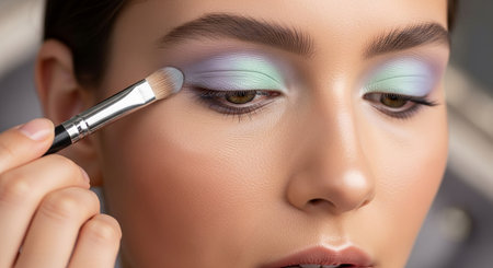 Makeup artist applying eyeshadow on young woman face, closeupの素材