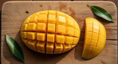 chopped mango fruit on wooden cutting board, top view with copy spaceの素材