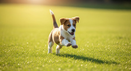 Cute beagle dog running on the green grass in sunny dayの素材