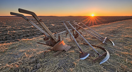 Old rusty plow on a field at sunset. 3d renderの素材