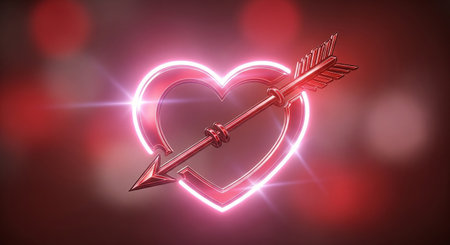 Red heart with arrow on dark background. Valentine's day concept. 3D renderingの素材