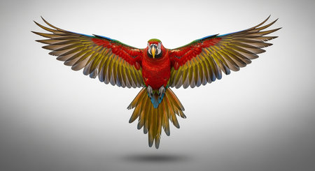 Red macaw parrot in flight isolated on gray background. 3d renderの素材