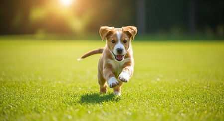 Cute puppy dog running on green grass in summer sunny day.の素材