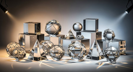 3d rendering of geometric shapes in dark background with spotlights.の素材