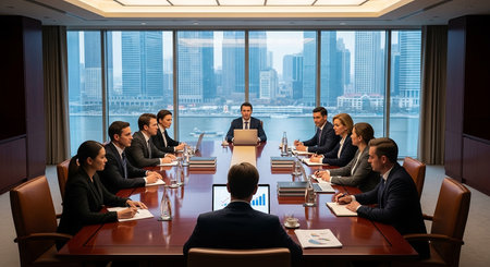 Group of business people attending a meeting in a conference room with city viewの素材