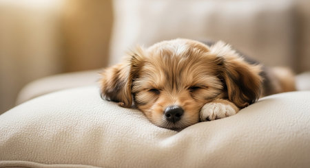 Cute little dog sleeping on a sofa in the living room.の素材