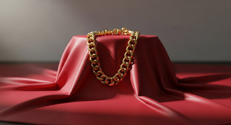 Golden chain necklace on red satin cloth, closeup. Luxury jewelryの素材