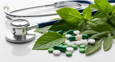 Stethoscope, green leaves, pills and capsules on white backgroundの素材