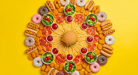 Fast food and unhealthy eating concept. Top view of hamburger, french fries, donuts, donuts, chips and tomatoes on yellow backgroundの素材