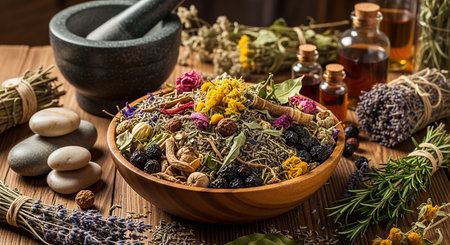 Herbal medicine. Herbs and spices on a wooden table.の素材