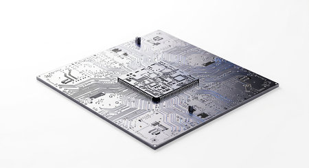 Electronic circuit board on white background. 3d rendering. Computer digital drawing.の素材