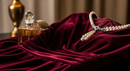 Bottle of perfume and pearls on a red velvet background.の素材