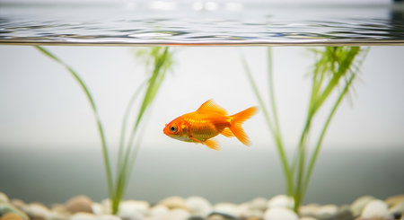 Goldfish swimming in a small aquarium, close-up view.の素材