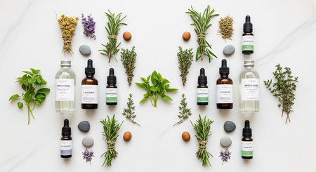 Herbs and spicesle background, top view. Herbal medicine conceptの素材