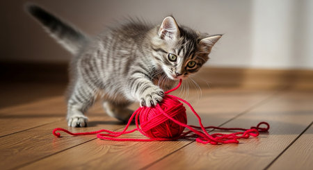 Cute tabby kitten playing with a ball of yarn on the floorの素材
