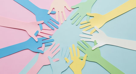 Colorful hands of different colors on pastel background. Teamwork conceptの素材