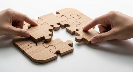 Close up of business people hands assembling jigsaw puzzle on white backgroundの素材