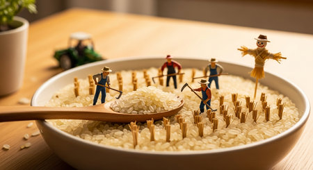 Miniature people : Worker team working with rice in the rice bowlの素材