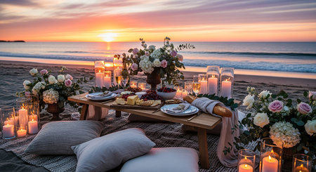 Romantic dinner on the beach at sunset. Romantic dinner table setting on the beach.の素材