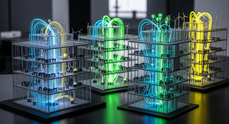3D rendering of a wireframe cage with glowing neon lights insideの素材