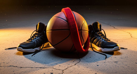 Basketball ball and sneakers on the floor in a basketball court.の素材