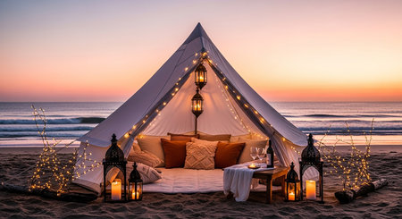 Camping tent on the beach at beautiful sunset. Holiday concept.の素材